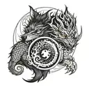 tattoo sketch featuring a wolf and dragon in a yin yang design tattoo design idea