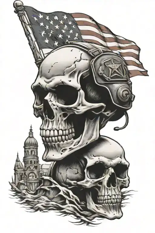 skull with army helmet surrounded by mountains and American flag tattoo design idea