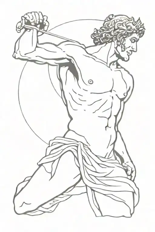 A text greek languafe behind of a aesthetic greek god posing tattoo design idea