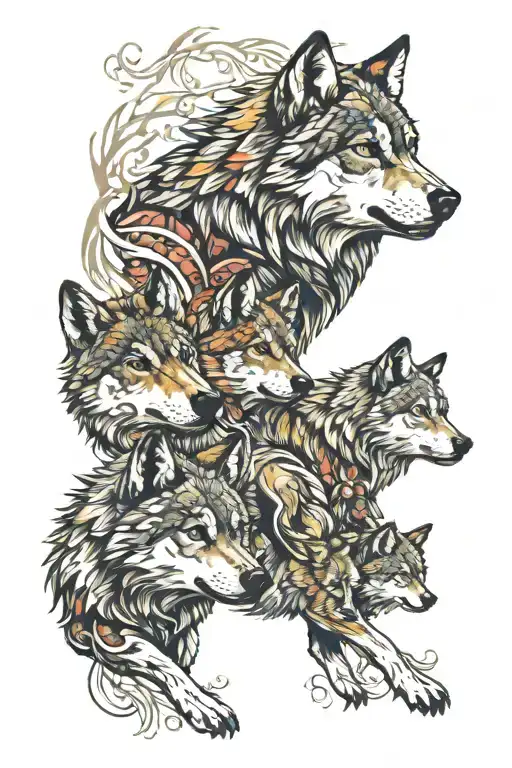 wolf family 2 adult and 2 cubs tattoo design idea