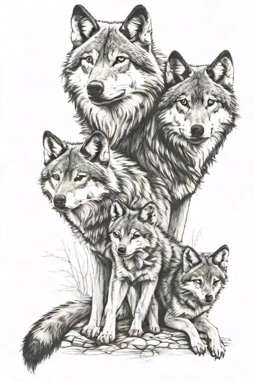 wolf family 2 cubs tattoo design idea