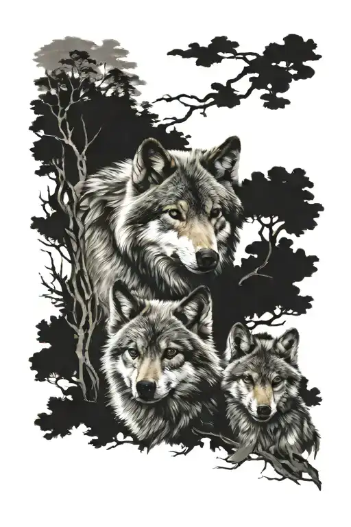 family wolf 2 cubs tattoo design idea