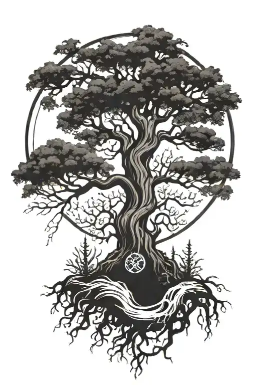 A tattoo design of a tree with roots symbolizing strength and growth, with hiking trails winding around it and a silhouette of your daughter playing at the base tattoo design idea