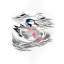 Japanese halfsleeve with waves, cherry blossoms, and a duck tattoo design idea