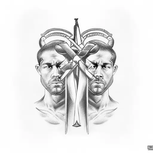 A pair of crossed swords surrounded by stoic quotes, reflecting the client's love for both boxing and stoicism. tattoo design idea