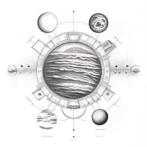 Symbols of physics, and greek philosophy, also space, planets, and stars tattoo design idea