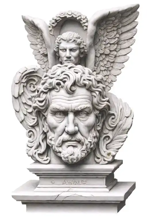 scottish stonemason carving a sculpture dynamic Angel head tattoo design idea