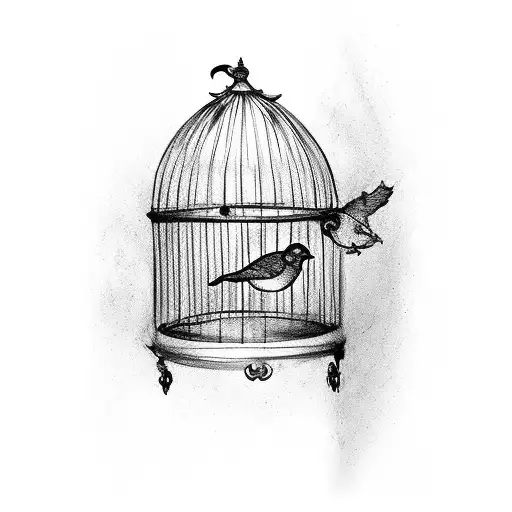 birdcage with open door, 3 birds inside tattoo design idea