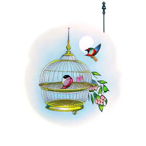 birdcage with open door, birds inside tattoo design idea