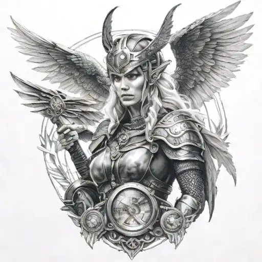 A valkyrie with wings and viking armor with a real dragon eye on the background tattoo design idea