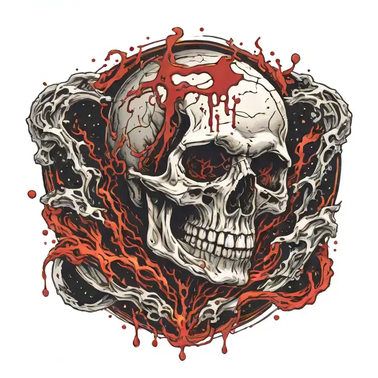 The skull of a vampire floating in space, crying a waterflow that is flowing into a river of blood and oil  tattoo design idea
