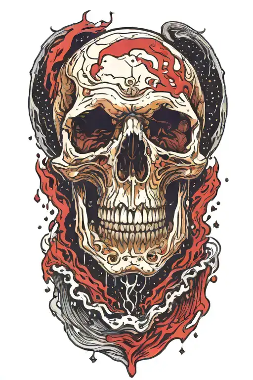 The skull of a vampire floating in space, crying a waterflow that is flowing into a river of blood and oil  tattoo design idea