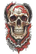 The skull of a vampire floating in space, crying a waterflow that is flowing into a river of blood and oil  tattoo design idea