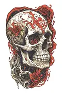 The skull of a vampire floating in space, crying a waterflow that is flowing into a river of blood and oil  tattoo design idea