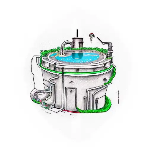 A tattoo of a sewage treatment plant with a smartphone integrated into the design, representing the client's occupation and love for technology. tattoo design idea