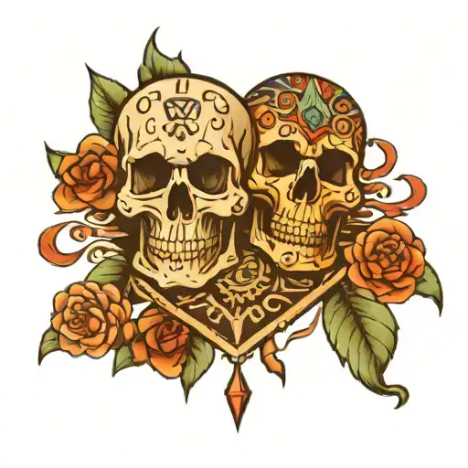 chest tattoo, skull on each pec, aztec style on skulls tattoo design idea