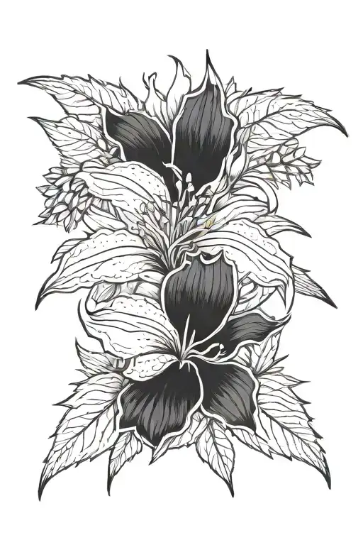 black and white outlines of maguey plant, dogwood flower, mountain-avens, red carnation tattoo design idea