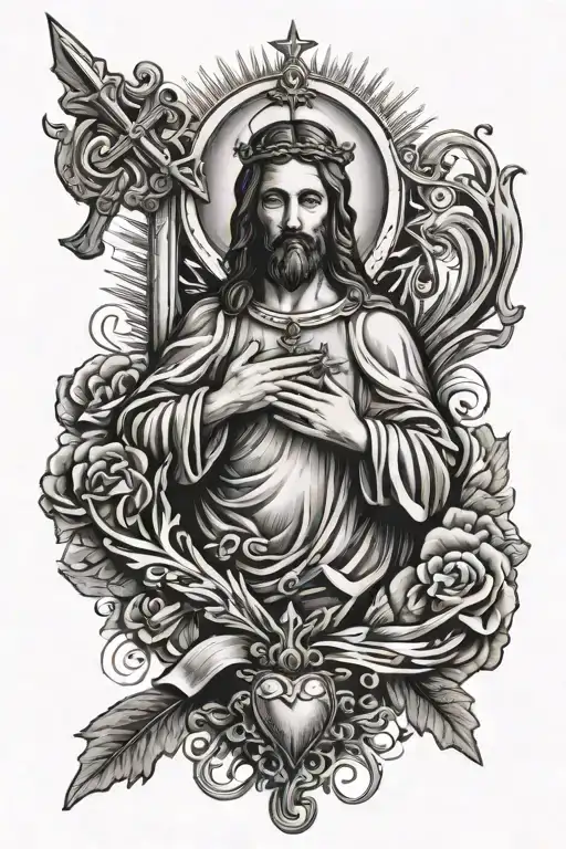 sacred heart of jesus and cross and rosery  tattoo design idea