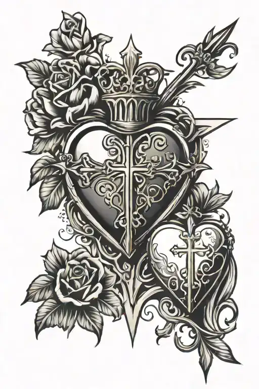 sacred heart and cross and rosery  tattoo design idea