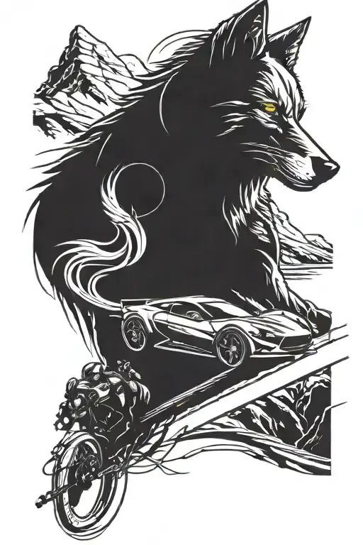 A futuristic cybernetic wolf driving a sleek sports car on a winding mountain road tattoo design idea