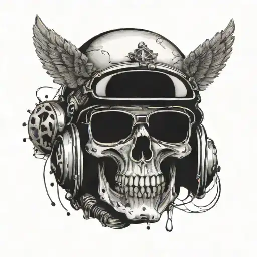 A skull wearing a pilot's helmet, with aviation fuel dripping from its eye sockets and the phrase 'Fuel for the soul' in a banner tattoo design idea