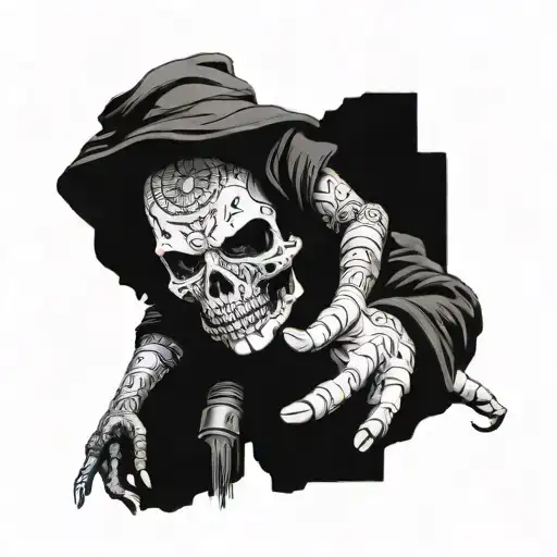 dead stalker with an artifact in his hand as if tattoo design idea