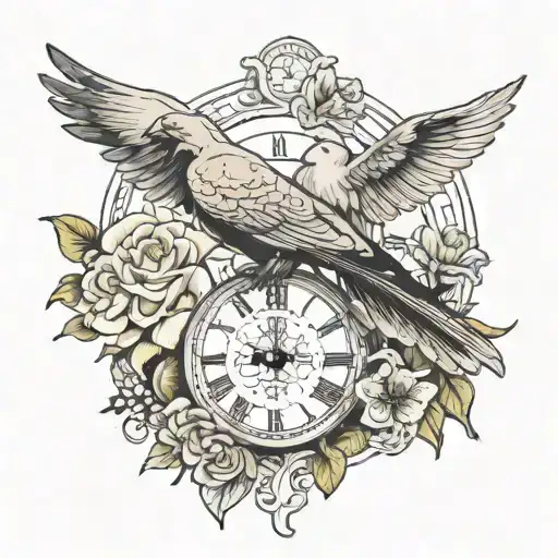 dove with roses next to clock face and raven with daffodils next to clock too tattoo design idea