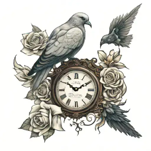 dove with roses next to clock face and raven with daffodils next to clock too tattoo design idea