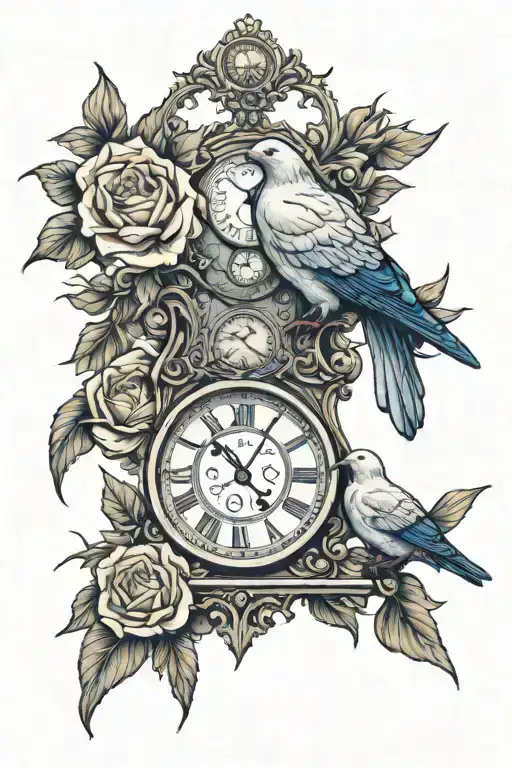 dove in roses next to clock face and raven in daffodils next to clock too tattoo design idea