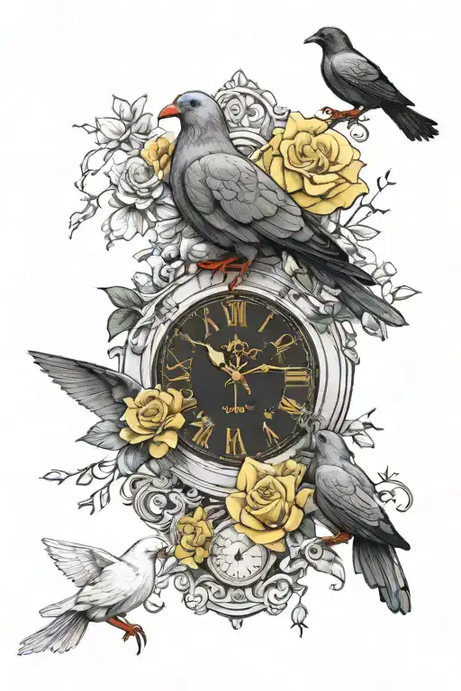 dove in roses next to clock face and raven in daffodils next to clock too tattoo design idea