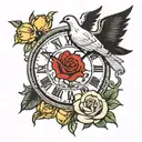 dove in roses next to clock face and raven in daffodils next to clock too tattoo design idea