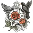 dove in roses next to clock face and raven in daffodils next to clock too tattoo design idea