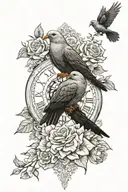 dove in roses next to clock face and raven in daffodils next to clock too tattoo design idea