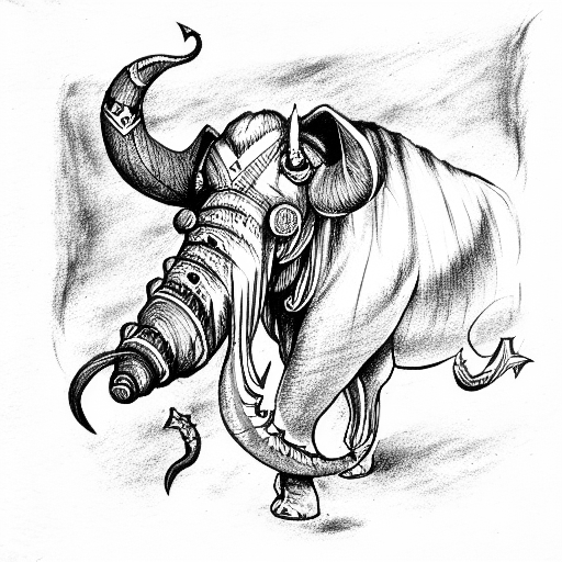 an ancestral war mammoth adorned with gemstones and demonic markings tattoo design idea