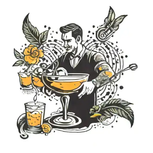 A bartender mixing a cocktail with musical notes floating around, symbolizing the harmony between music and mixology tattoo design idea