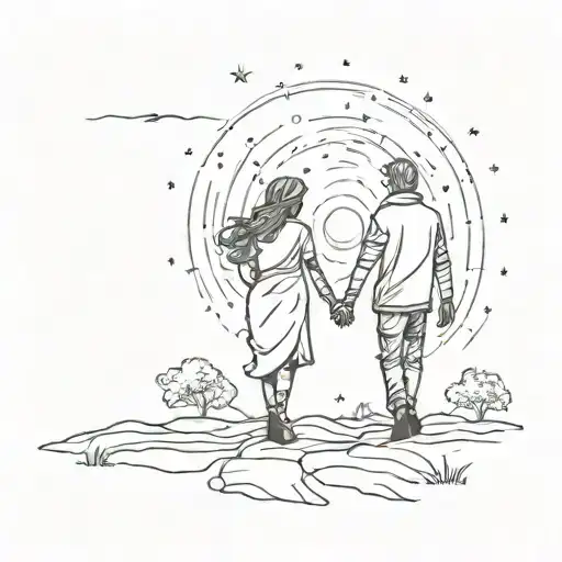 A silhouette of a couple walking hand in hand under a starry night sky, symbolizing lost love and longing tattoo design idea