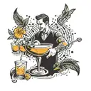 A bartender mixing a cocktail with musical notes floating around, symbolizing the harmony between music and mixology tattoo design idea