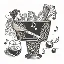 A bartender mixing a cocktail with musical notes floating around, symbolizing the harmony between music and mixology tattoo design idea