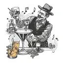 A bartender mixing a cocktail with musical notes floating around, symbolizing the harmony between music and mixology tattoo design idea