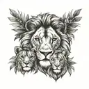 A lion with two lion cubs representing your two sons, surrounded by a jungle background tattoo design idea