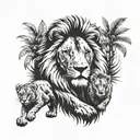 A lion with two lion cubs representing your two sons, surrounded by a jungle background tattoo design idea