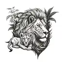 A lion with two lion cubs representing your two sons, surrounded by a jungle background tattoo design idea