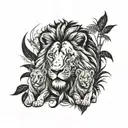A lion with two lion cubs representing your two sons, surrounded by a jungle background tattoo design idea