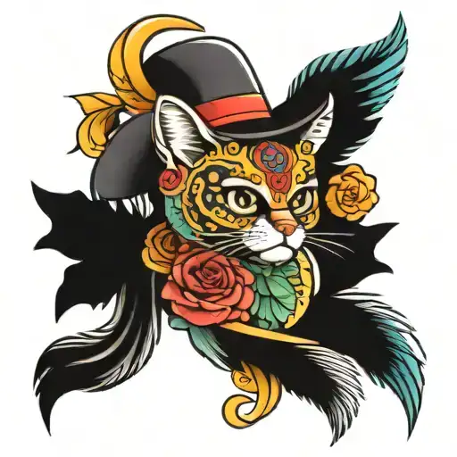 Create a Mexican style tattoo that includes an, a scorpion, a cat, a owl, and a mariachi hat tattoo design idea