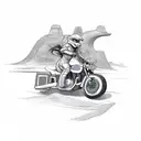 A dino riding a motorcycle through a sketch-style desert tattoo design idea