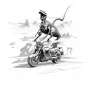 A dino riding a motorcycle through a sketch-style desert tattoo design idea
