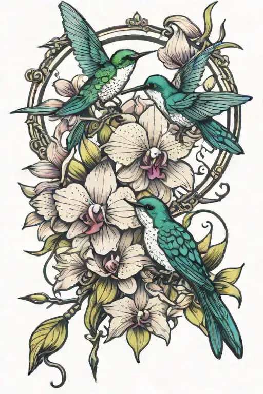 orchid hummingbirds arrows crossed tattoo design idea