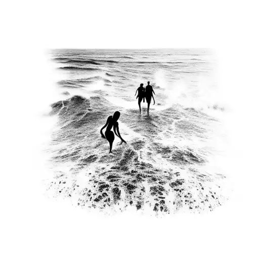 ocean waves crashing on the beach, palm trees, 2 black and white silhouettes of girls holding hands tattoo design idea