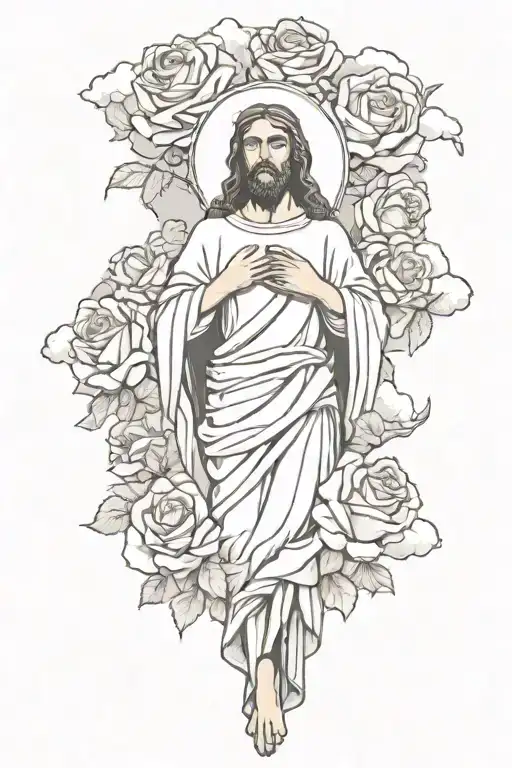 roses, clouds surrounding Jesus stripped tattoo design idea