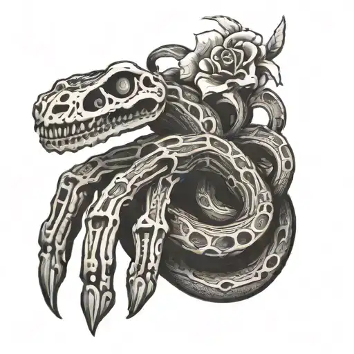 skeleton hand holding snake intertwined tattoo design idea